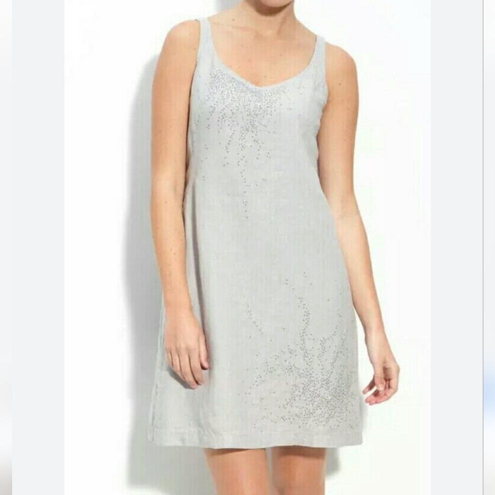 EILEEN FISHER Hankerchief Linen Sequin Silver Grey Sleeveless Tank Dress Size 12
